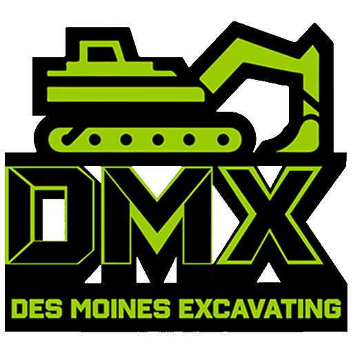 Logo for Des Moines Excavating featuring a green and black illustration of an excavator above the bold letters "DMX," with the text "DES MOINES EXCAVATING" below.