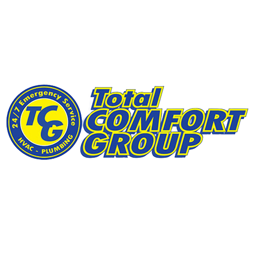 Logo for Total Comfort Group featuring bold yellow and blue text. The left side shows a blue circle with "24/7 Emergency Service," "HVAC - Plumbing," and "TCG" inside. The right side reads "Total Comfort Group.