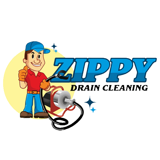 Cartoon plumber in a red shirt, blue hat, and jeans stands smiling next to drain cleaning equipment. Text reads "Zippy Drain Cleaning" with sparkling effects around the words.