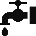 Black silhouette of a water faucet with a droplet falling from its spout, symbolizing water or plumbing.