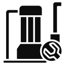 Black icon of a gas pump with a wrench symbol in front, representing gas station maintenance or repair services.