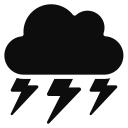A simple black icon of a cloud with three lightning bolts coming down from it, representing a thunderstorm or stormy weather.