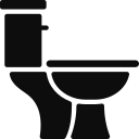 Black and white icon of a standard toilet with a tank and a bowl, viewed from the side.